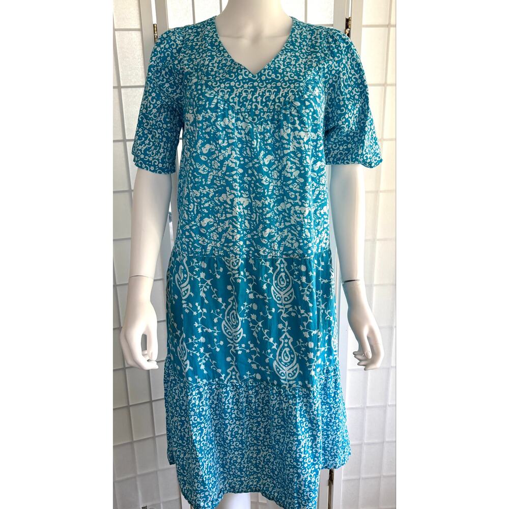 Vermont Country Store Cotton Dress Small Blue White Tiered Cottagecore Muumuu